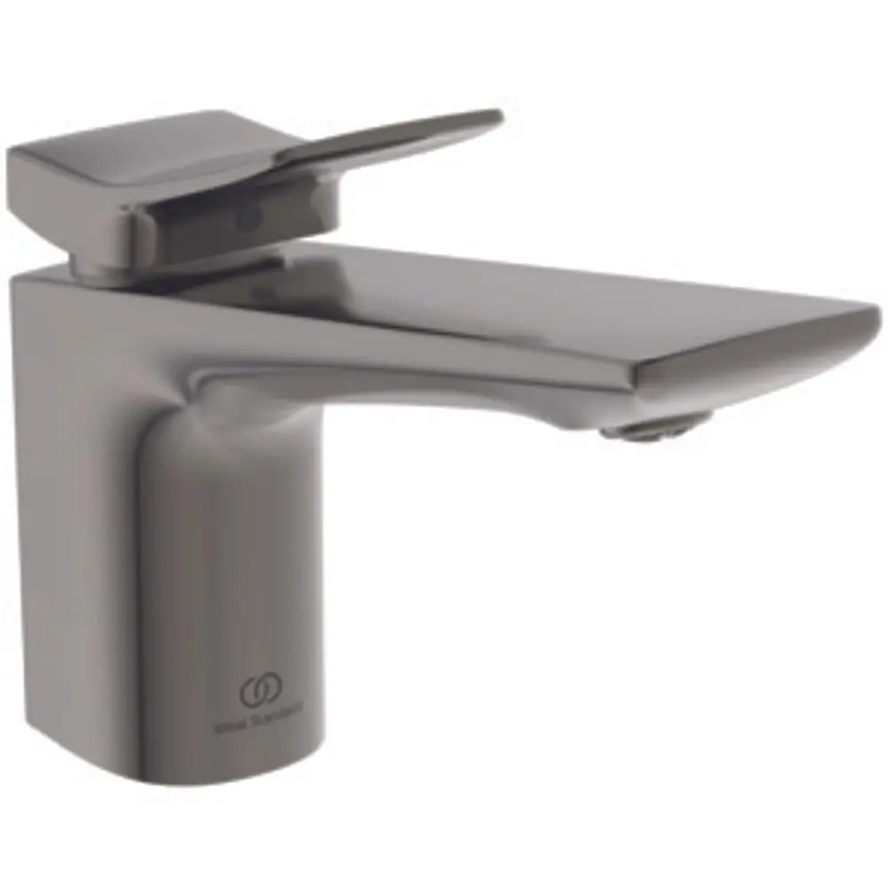 Waschbeckenarmatur in einem schlichten Design mit seitlichem Bedienhebel, gefertigt von Ideal Standard, in einem matten grauen Farbton.